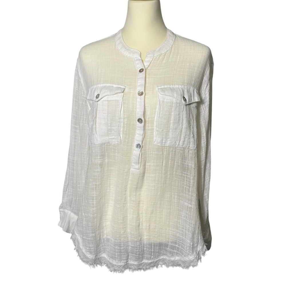 Free People Talk To Me Button Front Popover White Sheer Gauzy Top Women's Size S